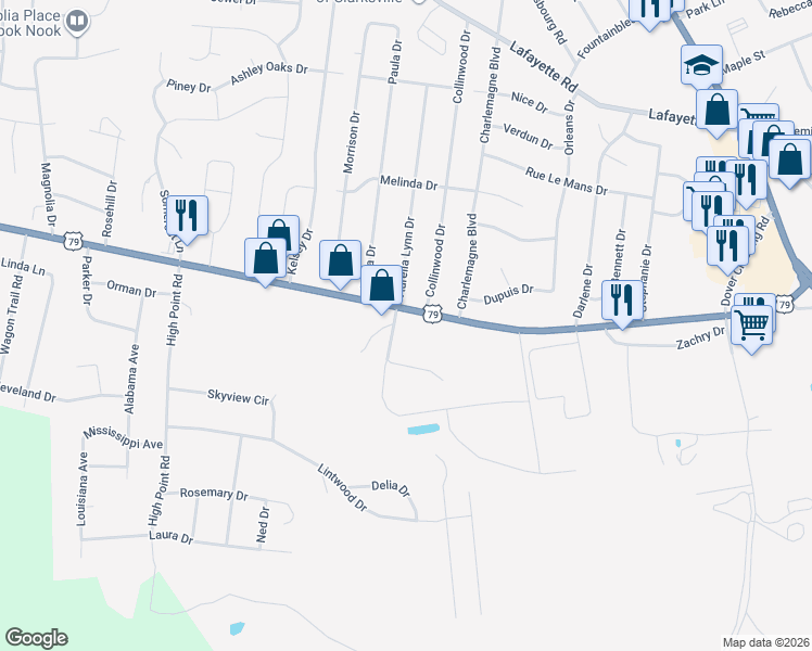 map of restaurants, bars, coffee shops, grocery stores, and more near 410 Dover Road in Clarksville