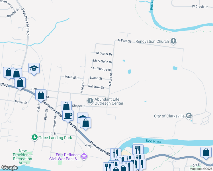 map of restaurants, bars, coffee shops, grocery stores, and more near 101 Rainbow Street in Clarksville