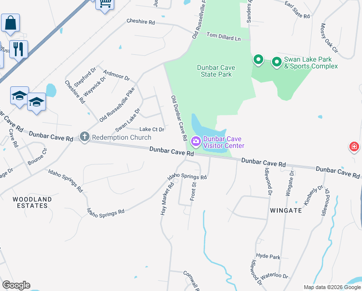 map of restaurants, bars, coffee shops, grocery stores, and more near 338 Old Dunbar Cave Road in Clarksville