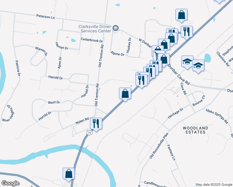 map of restaurants, bars, coffee shops, grocery stores, and more near 1650 Wilma Rudolph Boulevard in Clarksville