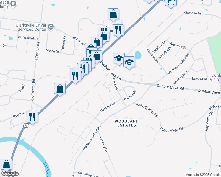 map of restaurants, bars, coffee shops, grocery stores, and more near 204 Cave Road in Clarksville
