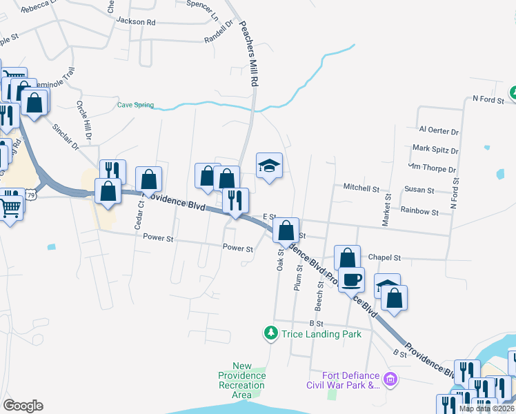 map of restaurants, bars, coffee shops, grocery stores, and more near 613 E Street in Clarksville