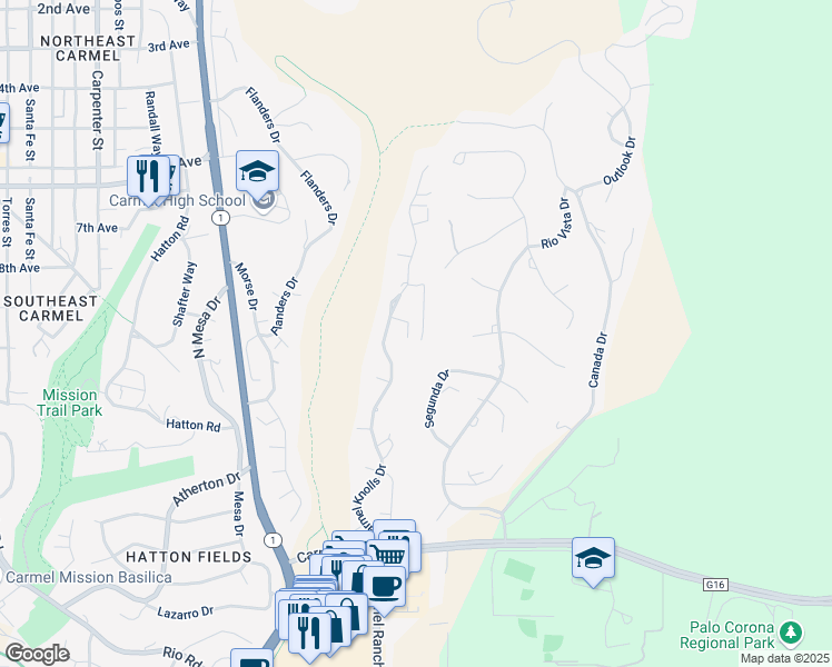 map of restaurants, bars, coffee shops, grocery stores, and more near 25635 Ryan Place in Carmel-by-the-Sea