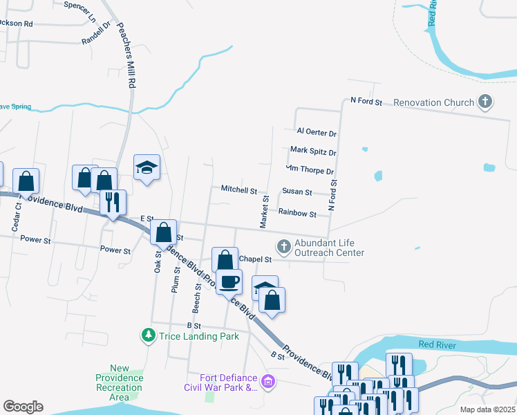 map of restaurants, bars, coffee shops, grocery stores, and more near 408 Market Street in Clarksville