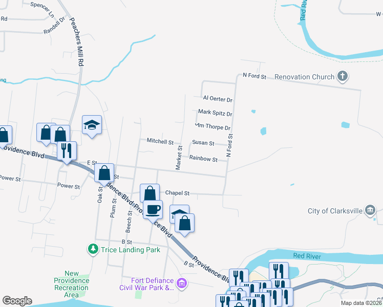 map of restaurants, bars, coffee shops, grocery stores, and more near 121 Rainbow Street in Clarksville