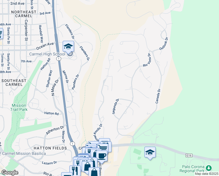 map of restaurants, bars, coffee shops, grocery stores, and more near 25635 Ryan Place in Carmel-by-the-Sea
