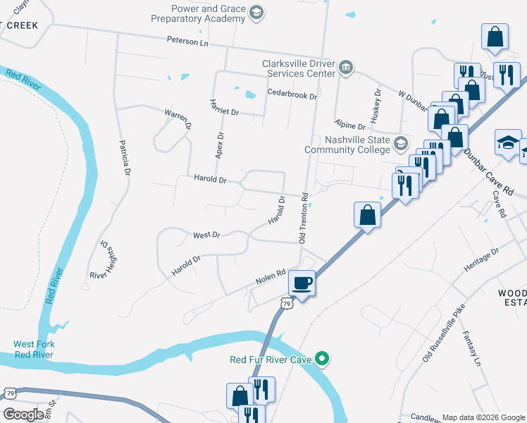 map of restaurants, bars, coffee shops, grocery stores, and more near 284 Harold Drive in Clarksville