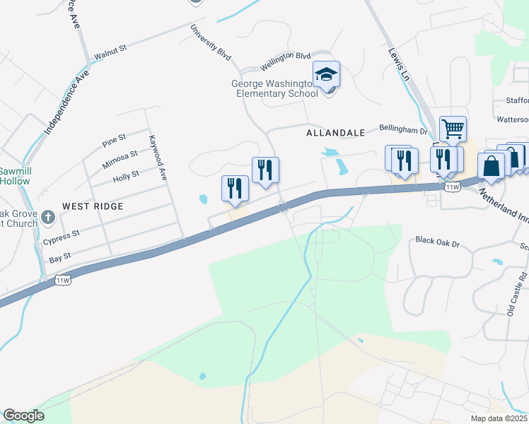 map of restaurants, bars, coffee shops, grocery stores, and more near 4509 West Stone Drive in Kingsport