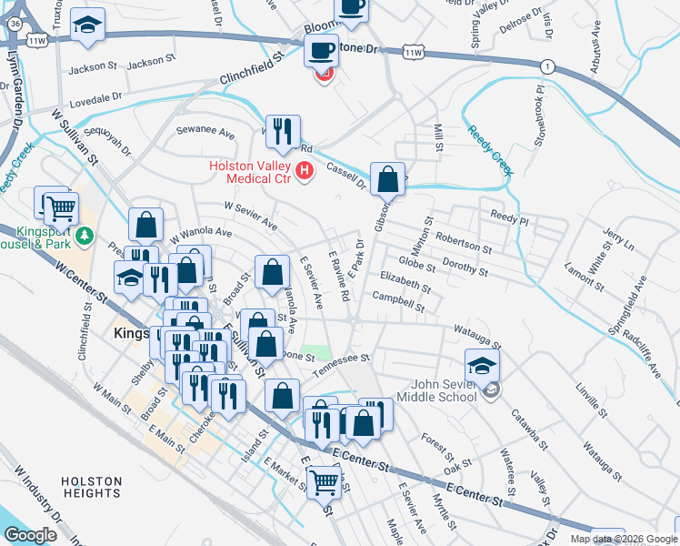map of restaurants, bars, coffee shops, grocery stores, and more near 137 East Ravine Road in Kingsport