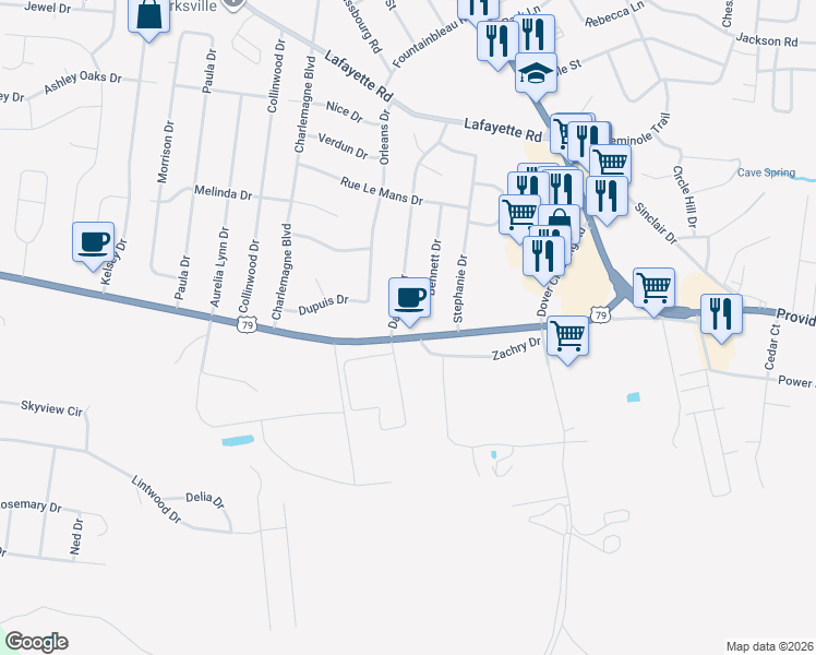 map of restaurants, bars, coffee shops, grocery stores, and more near 317 Dover Road in Clarksville