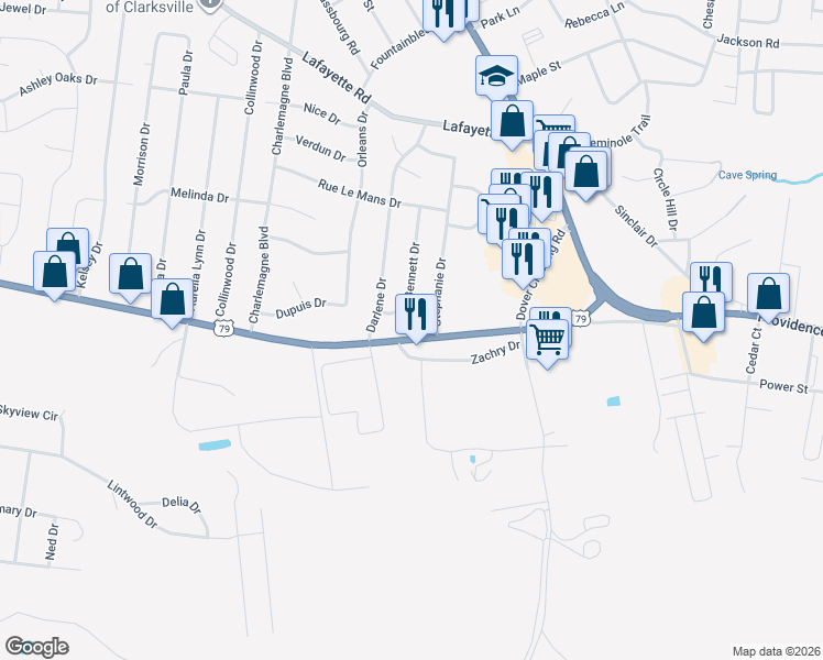 map of restaurants, bars, coffee shops, grocery stores, and more near 317 Dover Road in Clarksville
