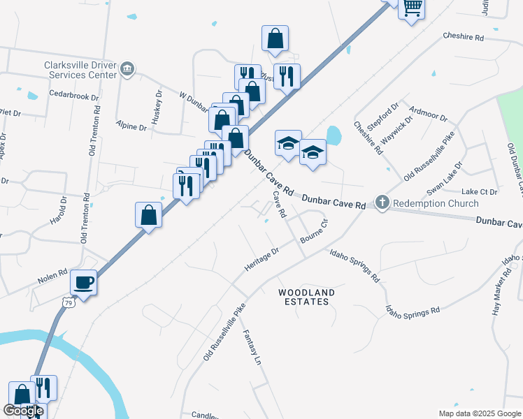 map of restaurants, bars, coffee shops, grocery stores, and more near 180 Cave Road in Clarksville