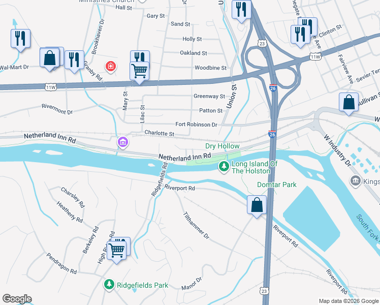 map of restaurants, bars, coffee shops, grocery stores, and more near 1928 Netherland Inn Road in Kingsport