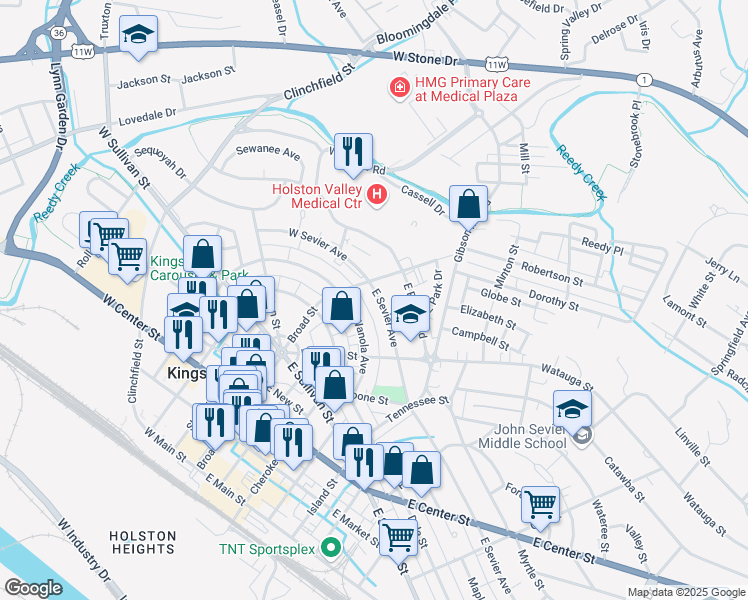 map of restaurants, bars, coffee shops, grocery stores, and more near 113 East Sevier Avenue in Kingsport