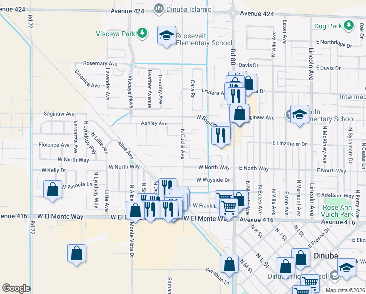 map of restaurants, bars, coffee shops, grocery stores, and more near 701 North Euclid Avenue in Dinuba