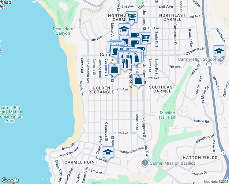 map of restaurants, bars, coffee shops, grocery stores, and more near 3 Monte Verde Street in Carmel-by-the-Sea