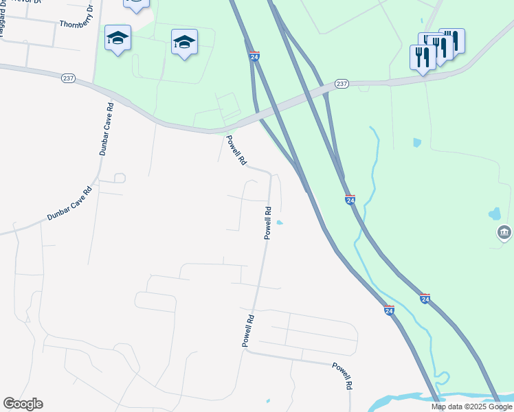 map of restaurants, bars, coffee shops, grocery stores, and more near 1860 Powell Road in Clarksville