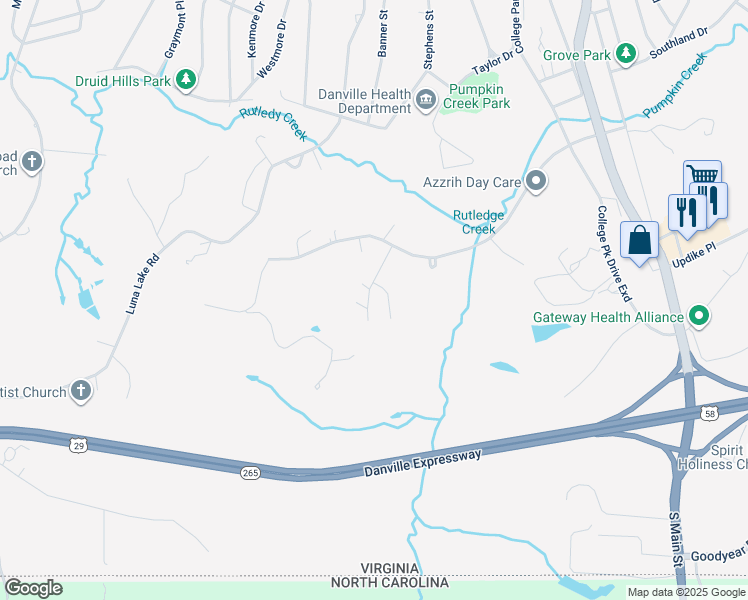map of restaurants, bars, coffee shops, grocery stores, and more near 114 North Hill Court in Danville