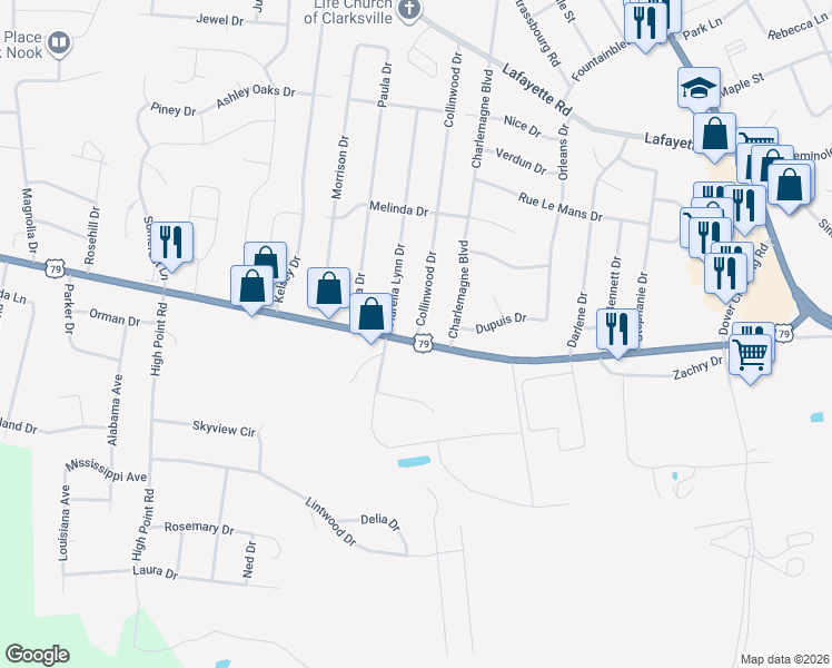 map of restaurants, bars, coffee shops, grocery stores, and more near 410 Dover Road in Clarksville