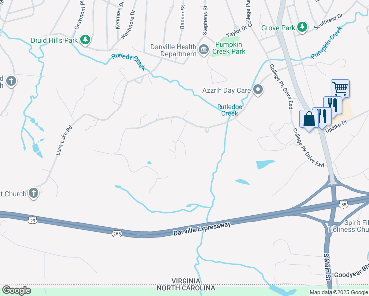 map of restaurants, bars, coffee shops, grocery stores, and more near 218 North Hill Court in Danville