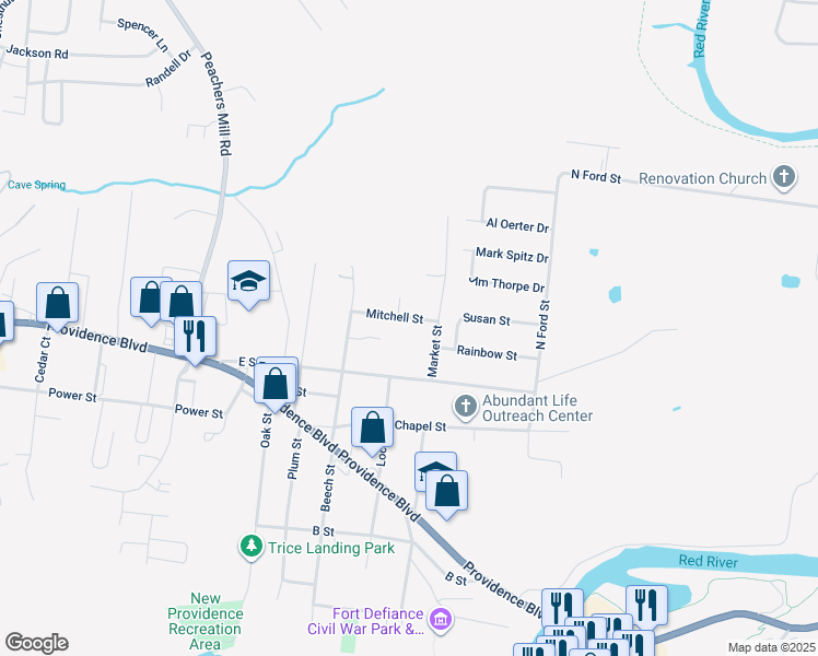 map of restaurants, bars, coffee shops, grocery stores, and more near 408 Market Street in Clarksville