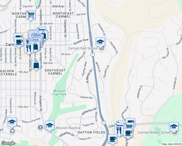 map of restaurants, bars, coffee shops, grocery stores, and more near 25715 North Mesa Drive in Carmel-by-the-Sea