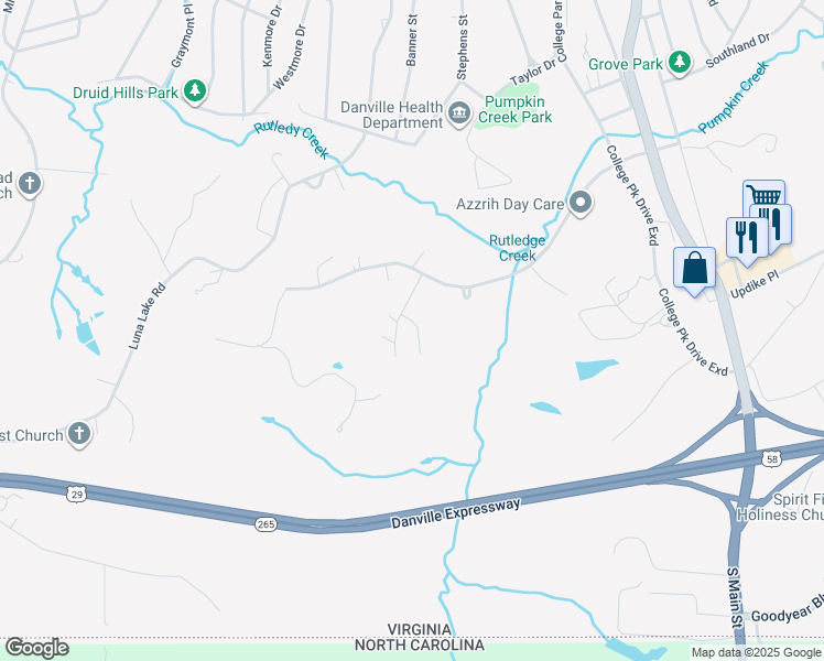 map of restaurants, bars, coffee shops, grocery stores, and more near 218 North Hill Court in Danville