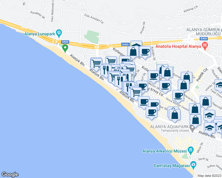 map of restaurants, bars, coffee shops, grocery stores, and more near 199 Atatürk Bulvarı in Alanya
