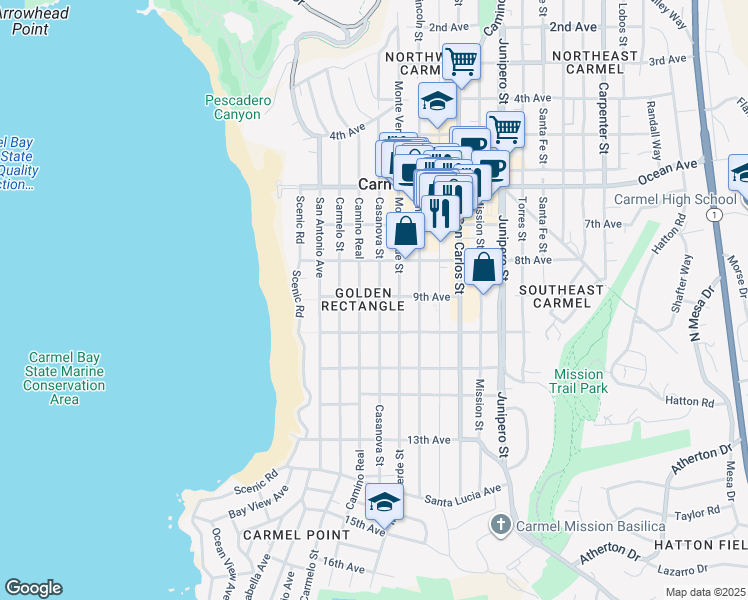 map of restaurants, bars, coffee shops, grocery stores, and more near 5 Casanova Street in Carmel-by-the-Sea