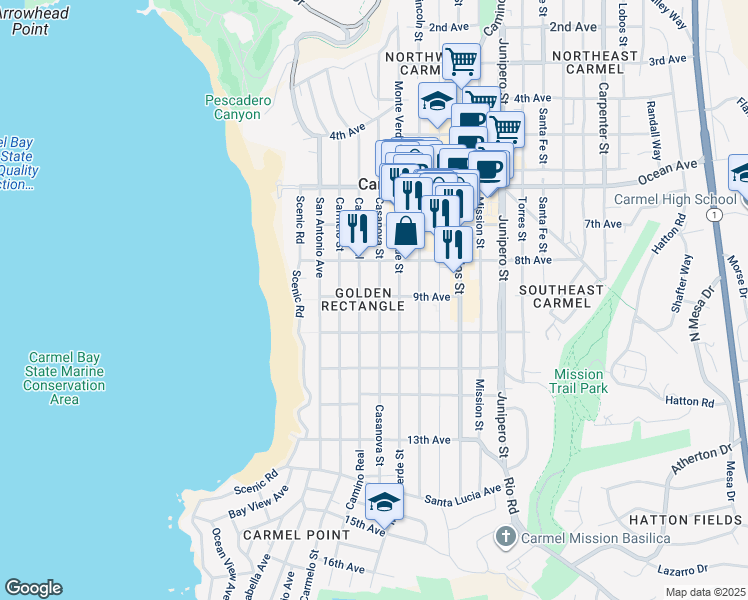 map of restaurants, bars, coffee shops, grocery stores, and more near 5 Casanova Street in Carmel-by-the-Sea