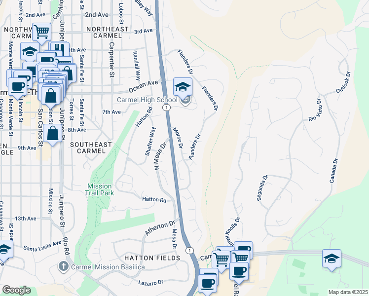 map of restaurants, bars, coffee shops, grocery stores, and more near 25579 Morse Drive in Carmel-by-the-Sea