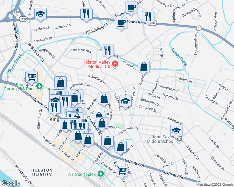 map of restaurants, bars, coffee shops, grocery stores, and more near 135 West Ravine Road in Kingsport