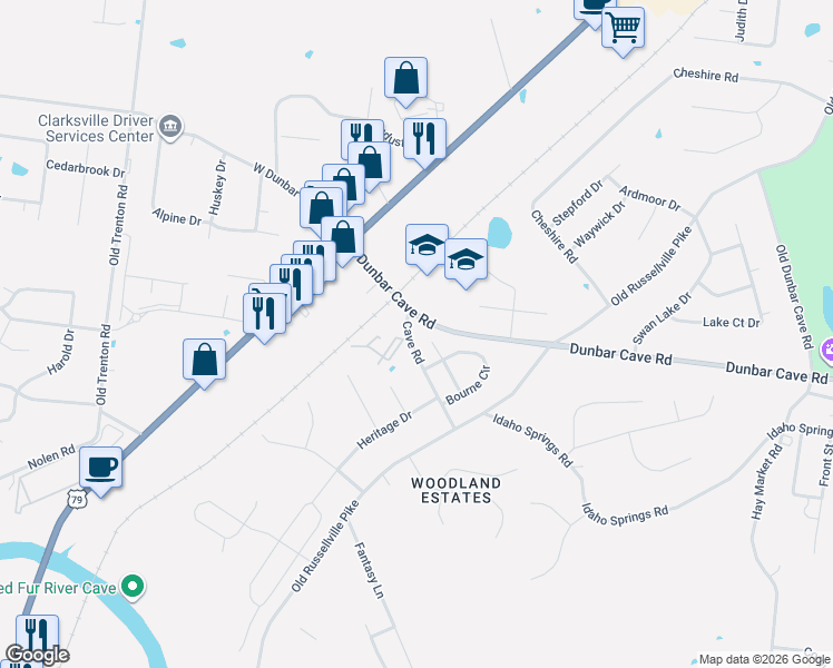 map of restaurants, bars, coffee shops, grocery stores, and more near 160 Cave Road in Clarksville