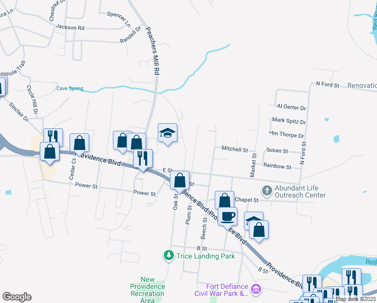 map of restaurants, bars, coffee shops, grocery stores, and more near 409 Plum Street in Clarksville