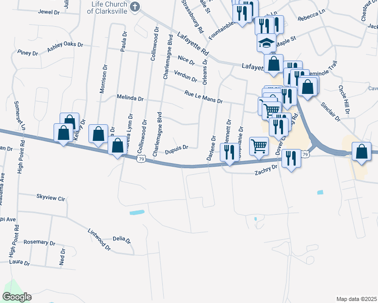 map of restaurants, bars, coffee shops, grocery stores, and more near 351 Dupuis Drive in Clarksville