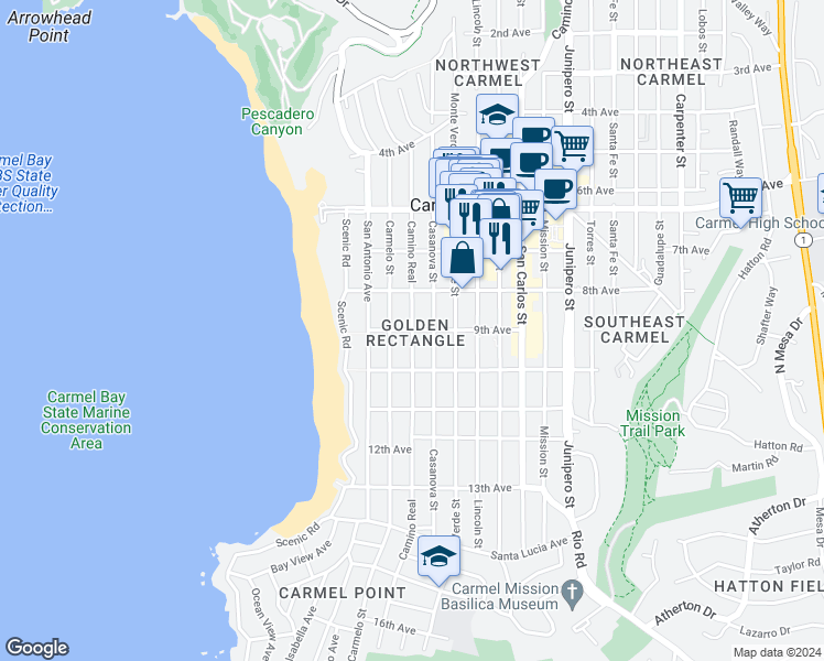 map of restaurants, bars, coffee shops, grocery stores, and more near 28 9th Avenue in Carmel-by-the-Sea