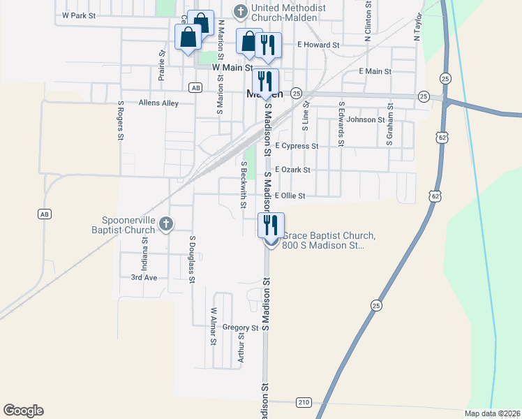 map of restaurants, bars, coffee shops, grocery stores, and more near 101-149 West Ollie Street in Malden