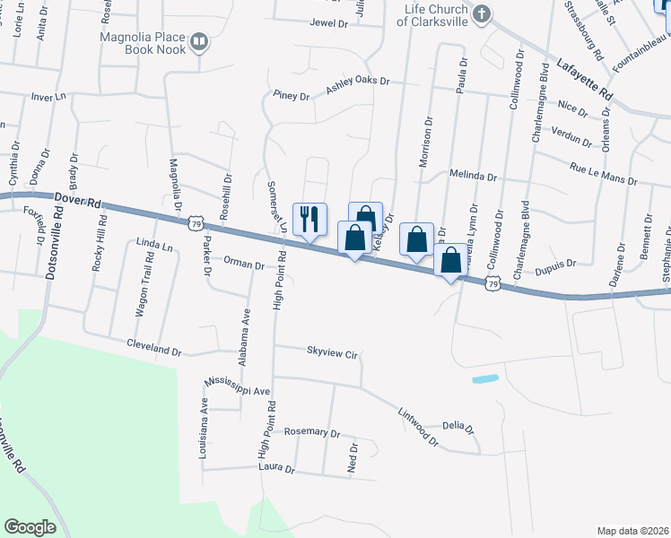 map of restaurants, bars, coffee shops, grocery stores, and more near 540 Tennessee 76 in Clarksville