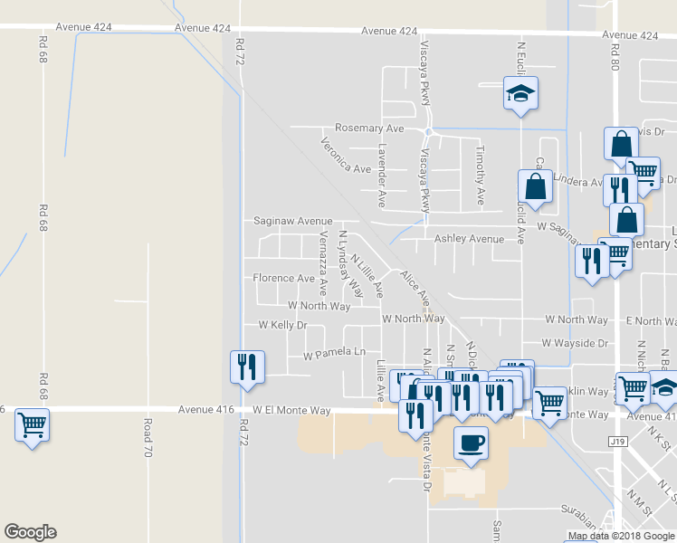 map of restaurants, bars, coffee shops, grocery stores, and more near 693 North Lyndsay Way in Dinuba