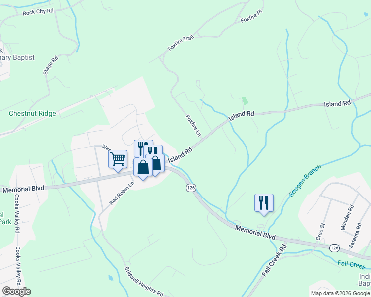 map of restaurants, bars, coffee shops, grocery stores, and more near 177 Island Road in Kingsport