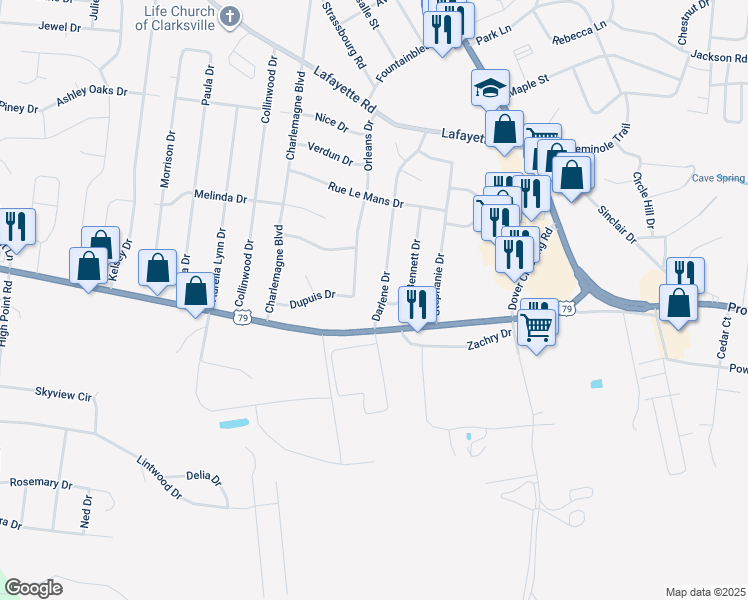 map of restaurants, bars, coffee shops, grocery stores, and more near 144 Darlene Drive in Clarksville