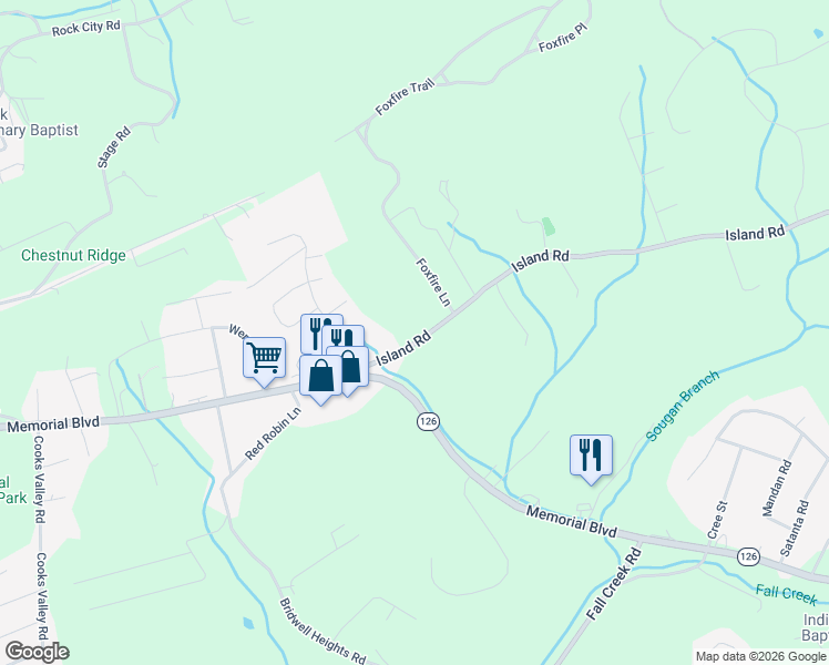 map of restaurants, bars, coffee shops, grocery stores, and more near 177 Island Road in Kingsport