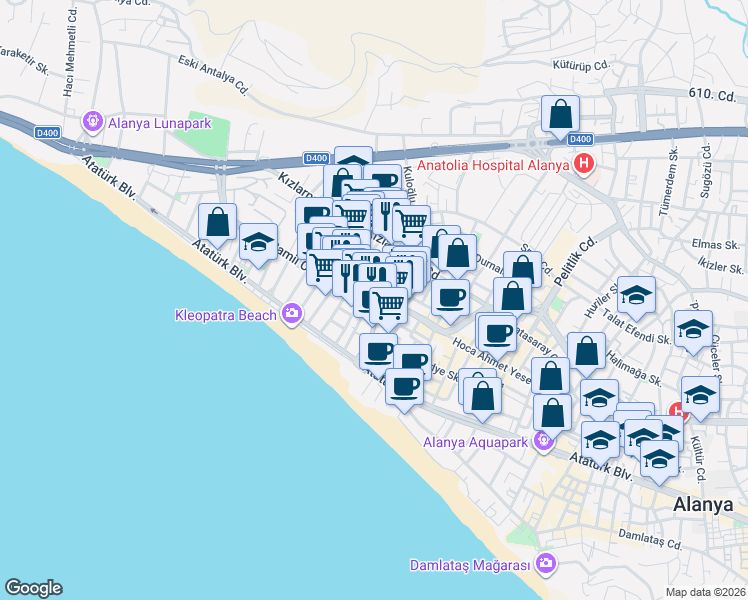 map of restaurants, bars, coffee shops, grocery stores, and more near 2 Ali Nazım Sokak in Alanya