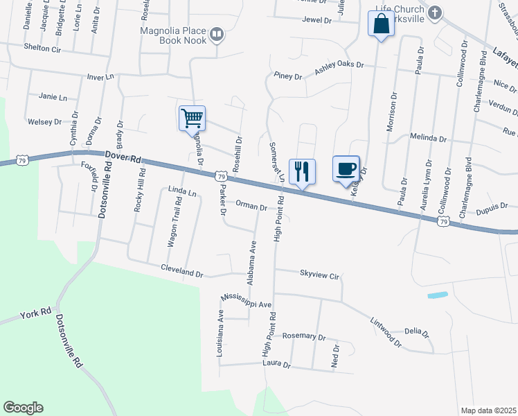 map of restaurants, bars, coffee shops, grocery stores, and more near 401 Alabama Avenue in Clarksville