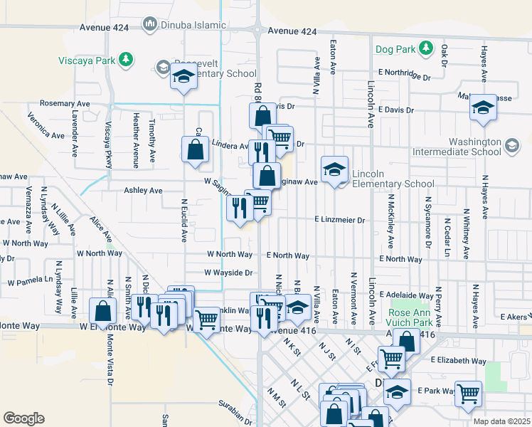map of restaurants, bars, coffee shops, grocery stores, and more near 757 N Nichols Ave in Dinuba