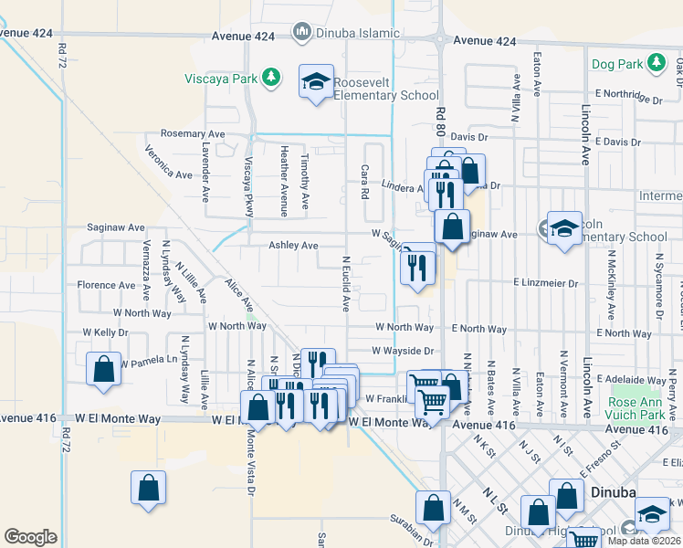 map of restaurants, bars, coffee shops, grocery stores, and more near 701-909 North Euclid Avenue in Dinuba