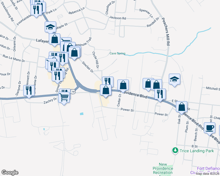 map of restaurants, bars, coffee shops, grocery stores, and more near 913B Sinclair Drive in Clarksville