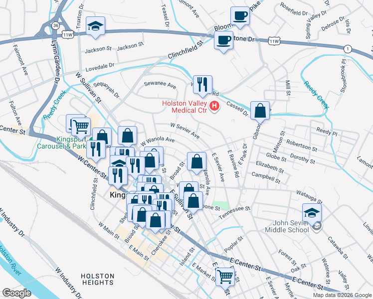 map of restaurants, bars, coffee shops, grocery stores, and more near 126 West Wanola Avenue in Kingsport