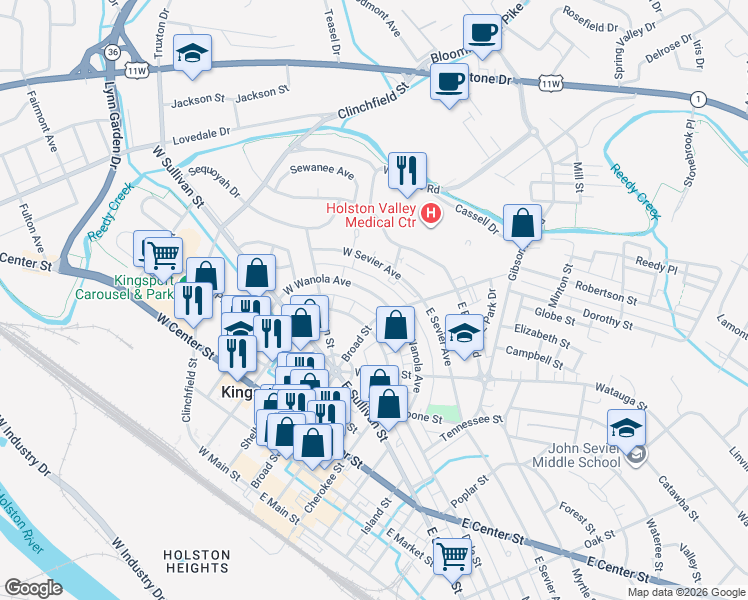 map of restaurants, bars, coffee shops, grocery stores, and more near 126 West Wanola Avenue in Kingsport