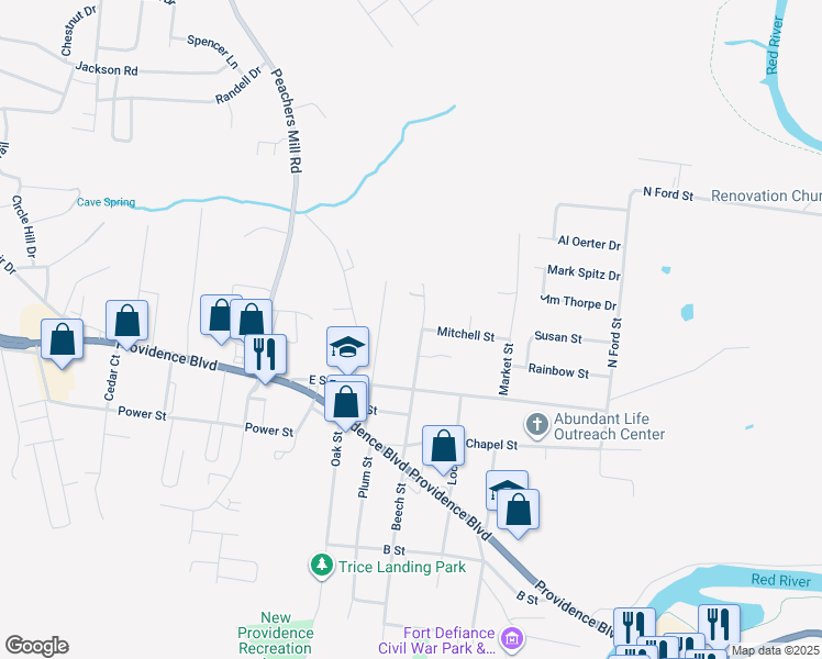 map of restaurants, bars, coffee shops, grocery stores, and more near 416 Beech Street in Clarksville